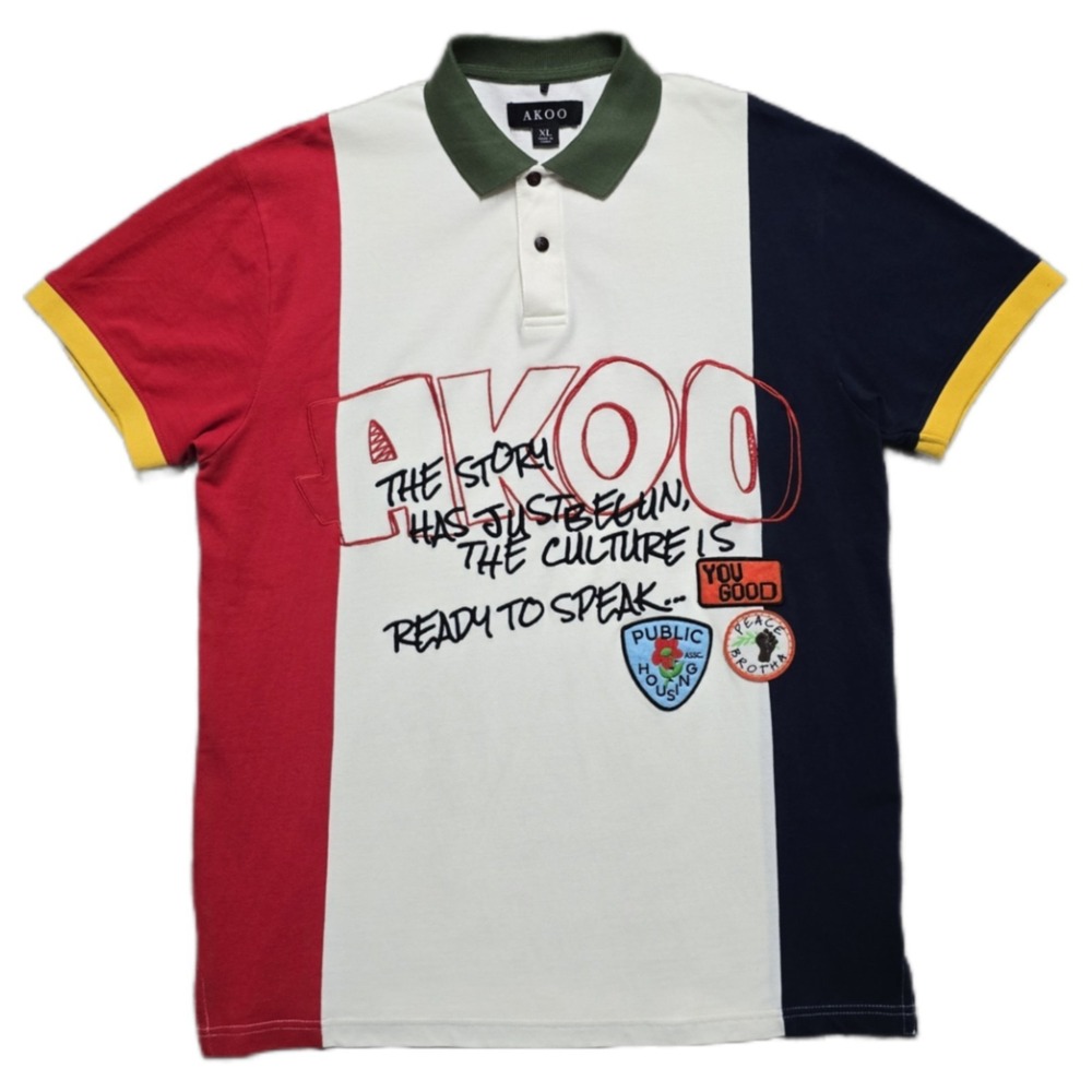 AKOO Rugby Polo Shirt Mens XL Multicolor Colorblock Patch Logo 100% Cotton